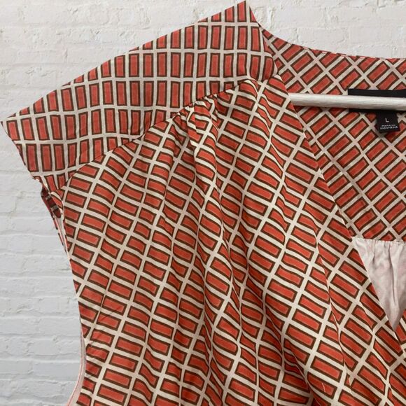 Banana Republic Factory Voile Mini Dress Size L Shirred Waist Orange Geo Print - Picture 7 of 16